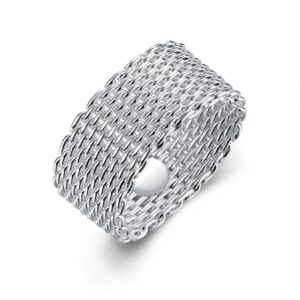 jajafook 925 sterling silver plated fashion woven braided mesh ring wedding band rings for women