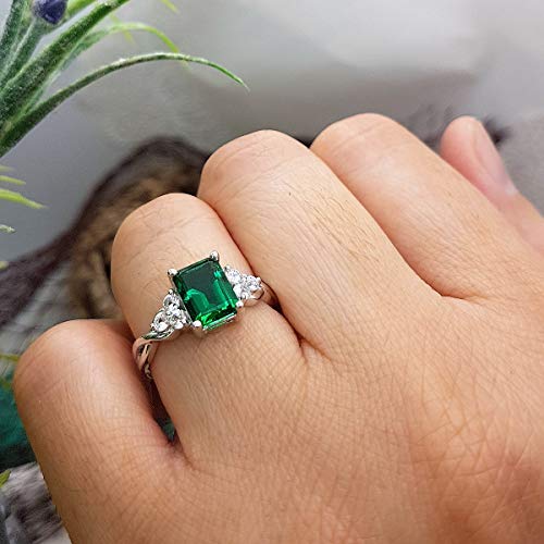 Dazzlingrock Collection Sterling Silver 8X6 MM Lab Created Emerald & White Sapphire Engagement Ring, Size 8