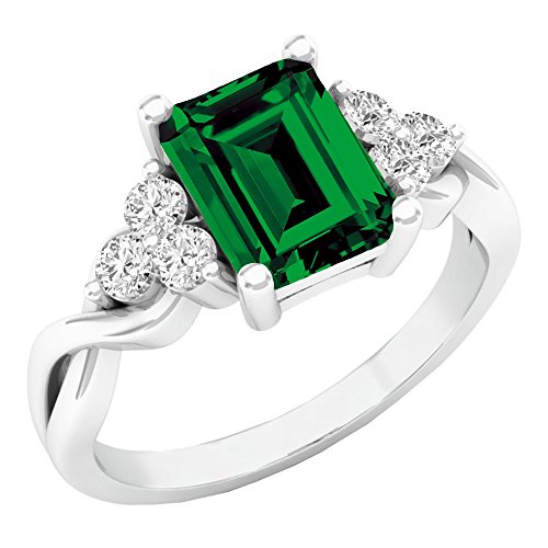 Dazzlingrock Collection Sterling Silver 8X6 MM Lab Created Emerald & White Sapphire Engagement Ring, Size 8