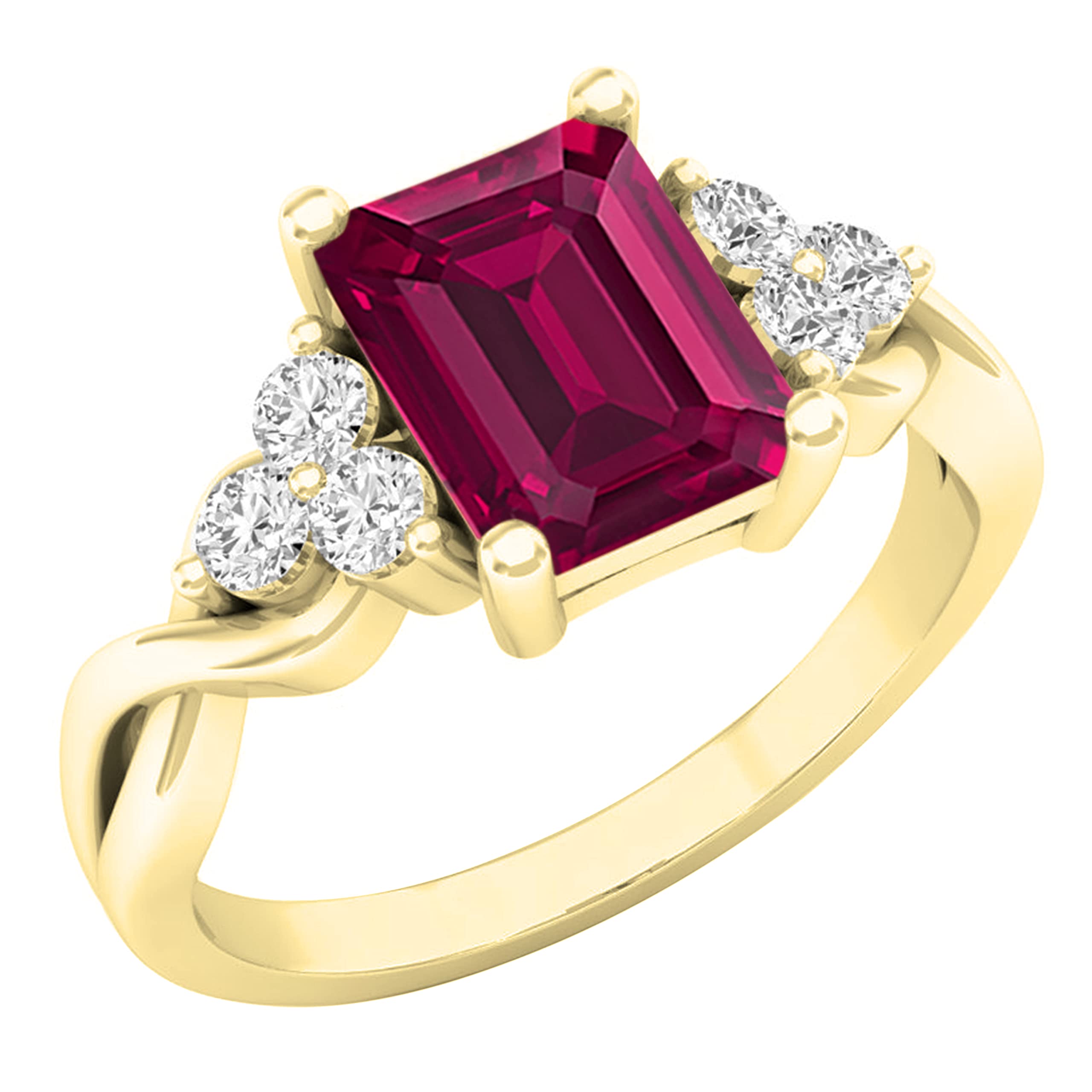 Dazzlingrock Collection 8x6mm Emerald Shape Center Lab Created Ruby & 2.2mm Round White Sapphire on Side Crisscross Shank Engagement Ring for Her in 10K Yellow Gold Size 7