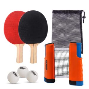 GSE Ping Pong Paddle Set, Portable Table Tennis Set with Retractable Ping Pong Net & Post, 2 Paddles & 3 Ping Pong Balls, Anywhere to-Go Ping Pong Game Set for Any Tables(Orange)