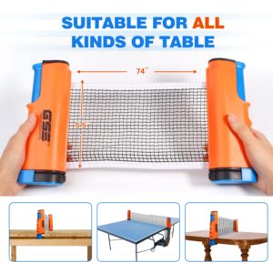 GSE Ping Pong Paddle Set, Portable Table Tennis Set with Retractable Ping Pong Net & Post, 2 Paddles & 3 Ping Pong Balls, Anywhere to-Go Ping Pong Game Set for Any Tables(Orange)