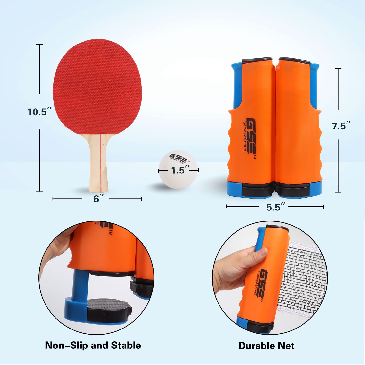 GSE Ping Pong Paddle Set, Portable Table Tennis Set with Retractable Ping Pong Net & Post, 2 Paddles & 3 Ping Pong Balls, Anywhere to-Go Ping Pong Game Set for Any Tables(Orange)