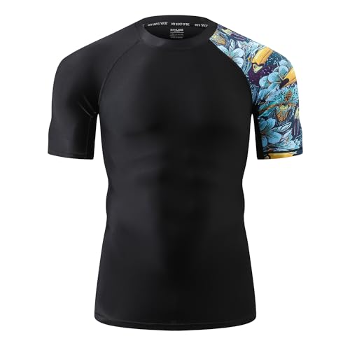 HUGE SPORTS Men's Splice UV Sun Protection UPF 50+ Skins Rash Guard Short Sleeves(HeyToucan, L)