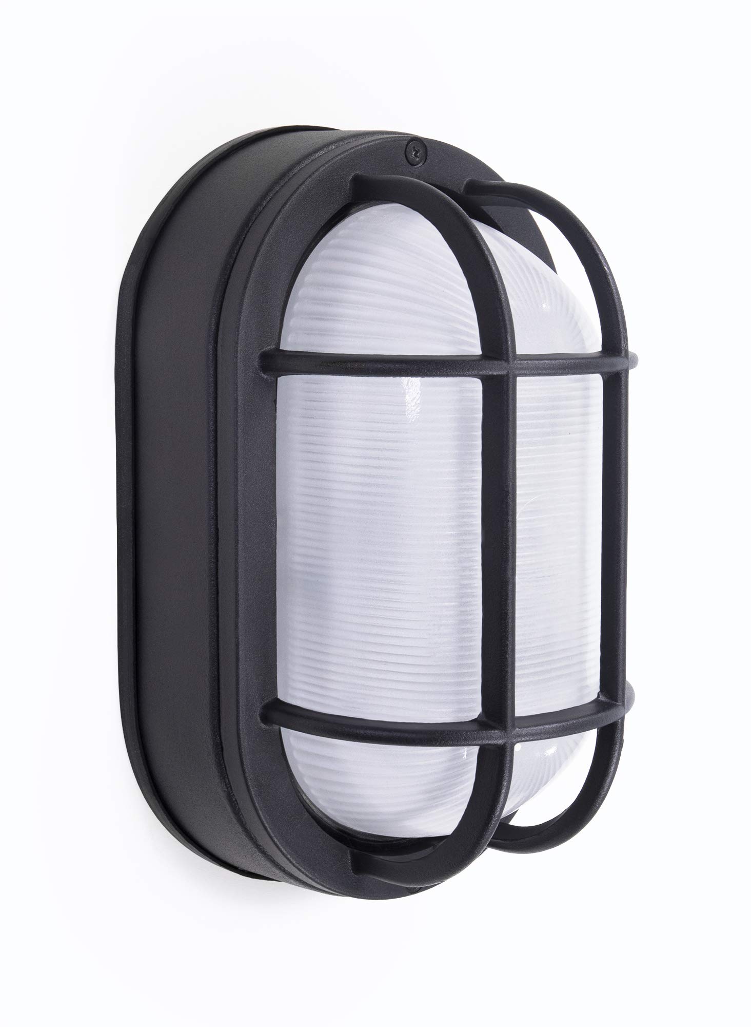 CORAMDEO Outdoor 8.5” Oval LED Nautical Bulkhead Light, Flush Mount for Wall or Ceiling, Wet Location, 75W of Light, 800 Lumens, 3K, Black Cast Aluminum with Frosted Glass Lens