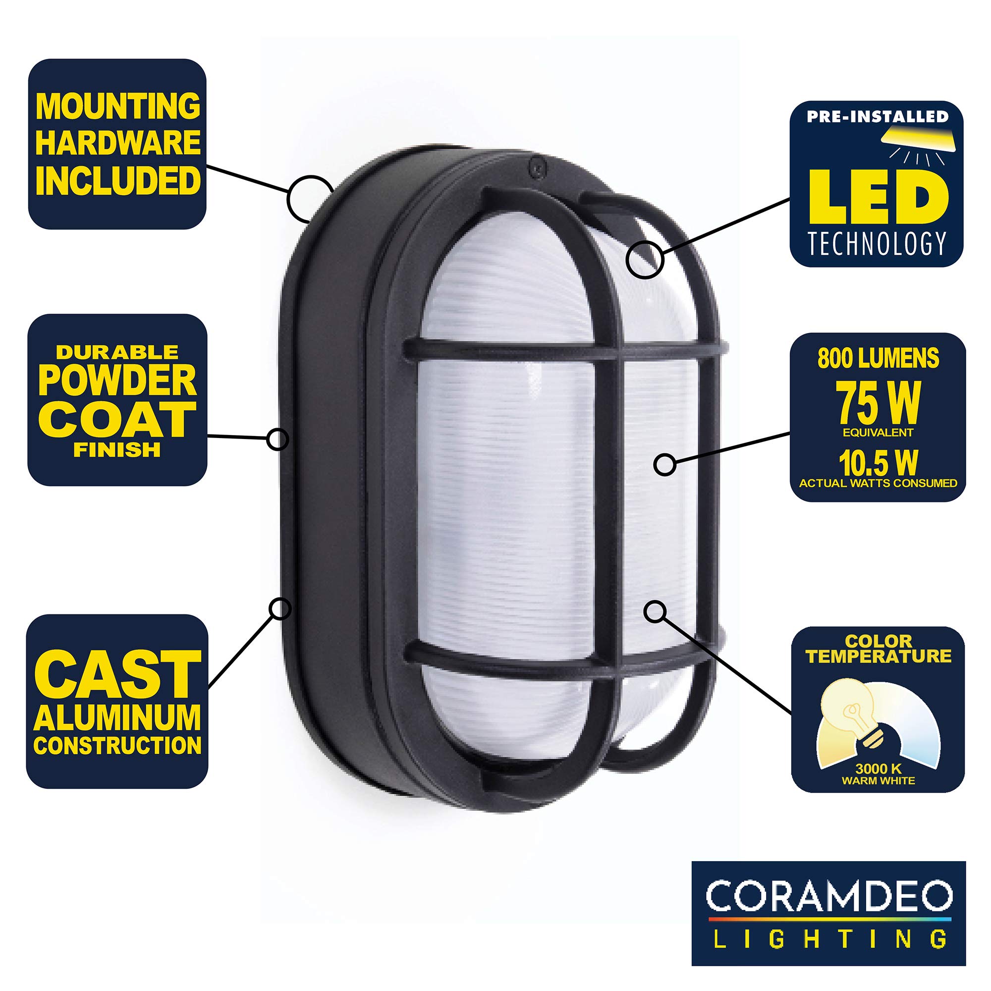 CORAMDEO Outdoor 8.5” Oval LED Nautical Bulkhead Light, Flush Mount for Wall or Ceiling, Wet Location, 75W of Light, 800 Lumens, 3K, Black Cast Aluminum with Frosted Glass Lens