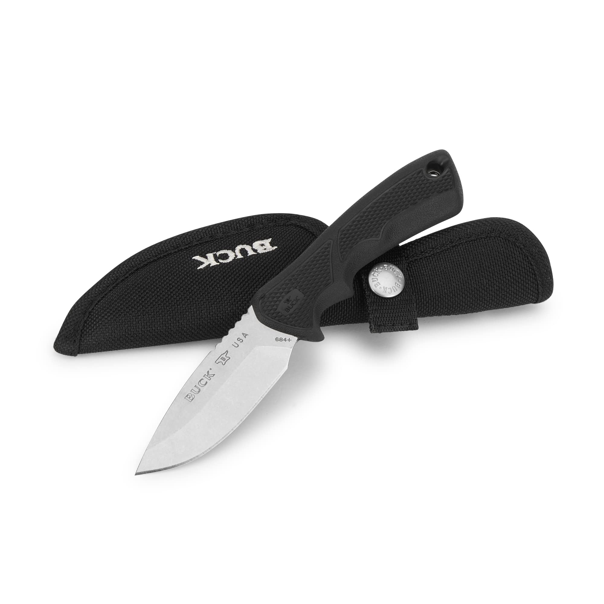 Buck Knives 684 Bucklite Max II Small Fixed Blade Knife with 3-1/4" 420HC Stainless Steel Drop Point Blade, Dynaflex Rubber Handle, Polyester Sheath, Black