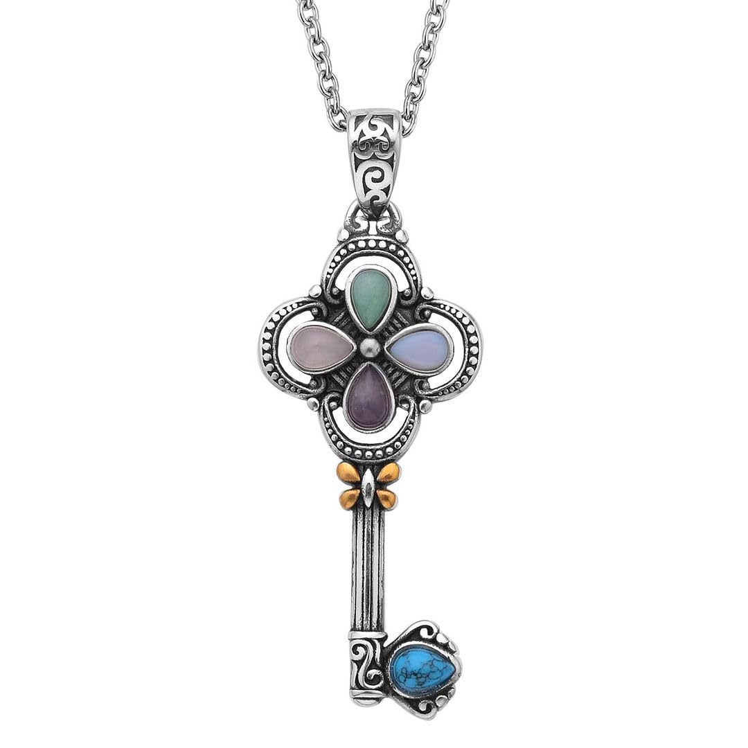 Shop LC Key Necklace ION Plated Stainless Steel & Yellow Gold - Key Pendant with Rose Quartz, Amethyst, Aventurine, Opalite & Howlite Mixed Gemstones - 20" Chain Length Costume Jewelry for Women