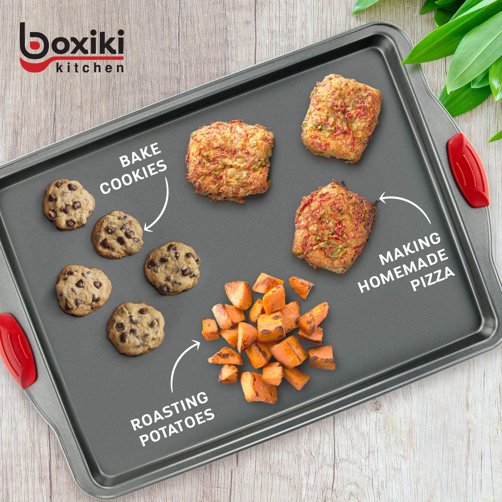 Boxiki Kitchen Non-Stick Baking & Cookie Sheet Pan Non-Toxic 11x14 Inch Rimmed Carbon Steel Baking Sheet. Dent, Warp and Rust Resistant. Heavy Gauge Steel Oven Baking Sheet. 1 Tray.