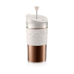 Bodum Travel Press Coffee Maker, Flip Top Lid, Double Wall, Plastic, 0.35 l, 12 oz, Off White