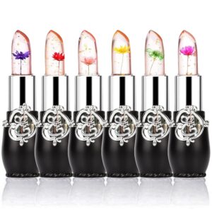 firstfly pack of 6 crystal flower jelly lipstick, long lasting nutritious lip balm lips moisturizer magic temperature color change lip gloss (black)