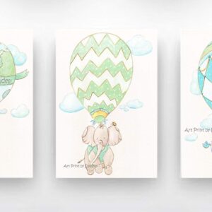 Personalized Set Of 3 Safari Animals In Hot Air Balloon Thick Wrapped Canvases, Baby Giraffe, Lion & Elephant, Custom Name Artwork Gift, 5 Sizes