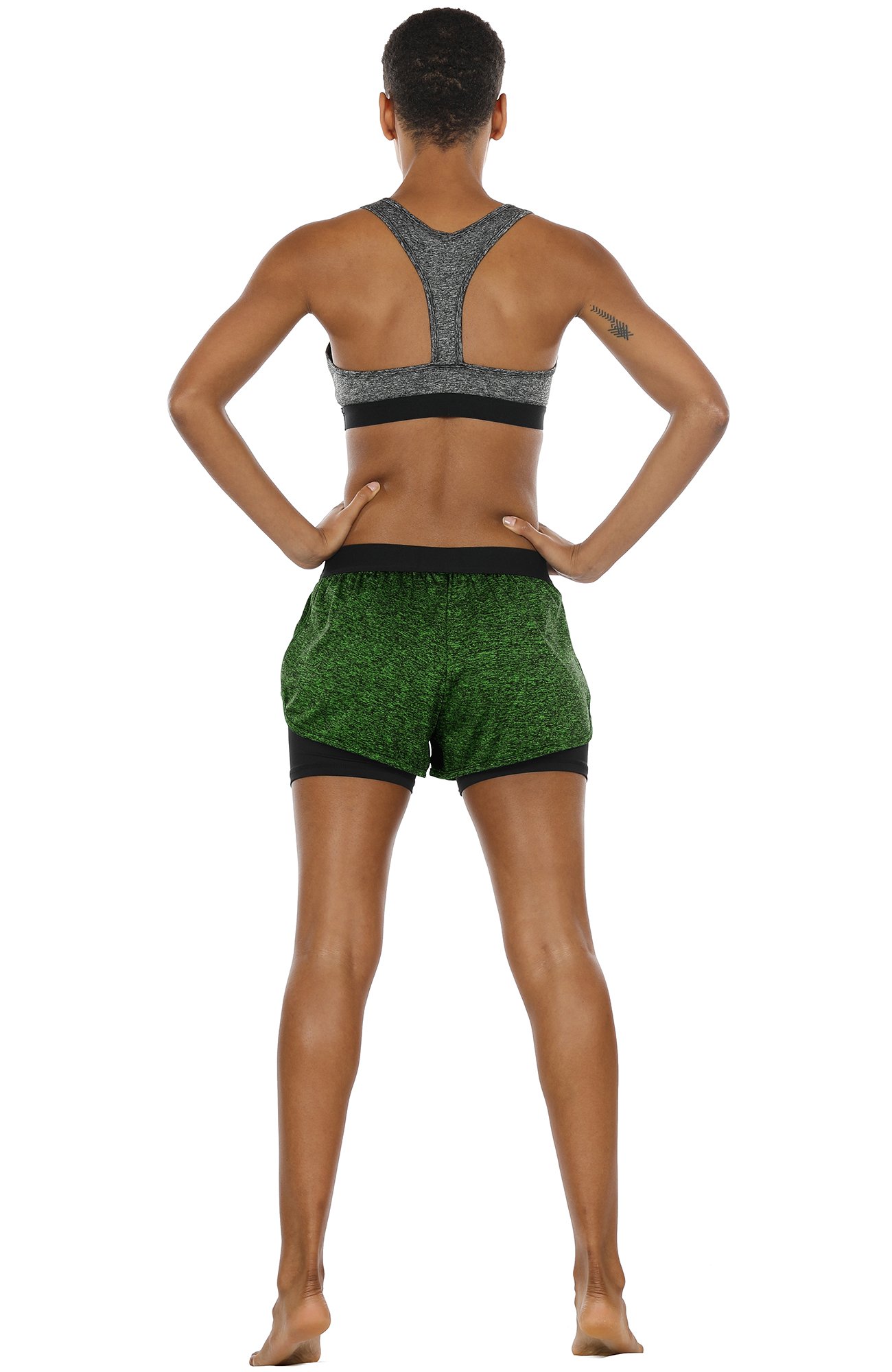 icyzone Running Yoga Shorts for Women - Activewear Workout Exercise Athletic Jogging Shorts 2-in-1 (Black Heather/Green Heather, L)