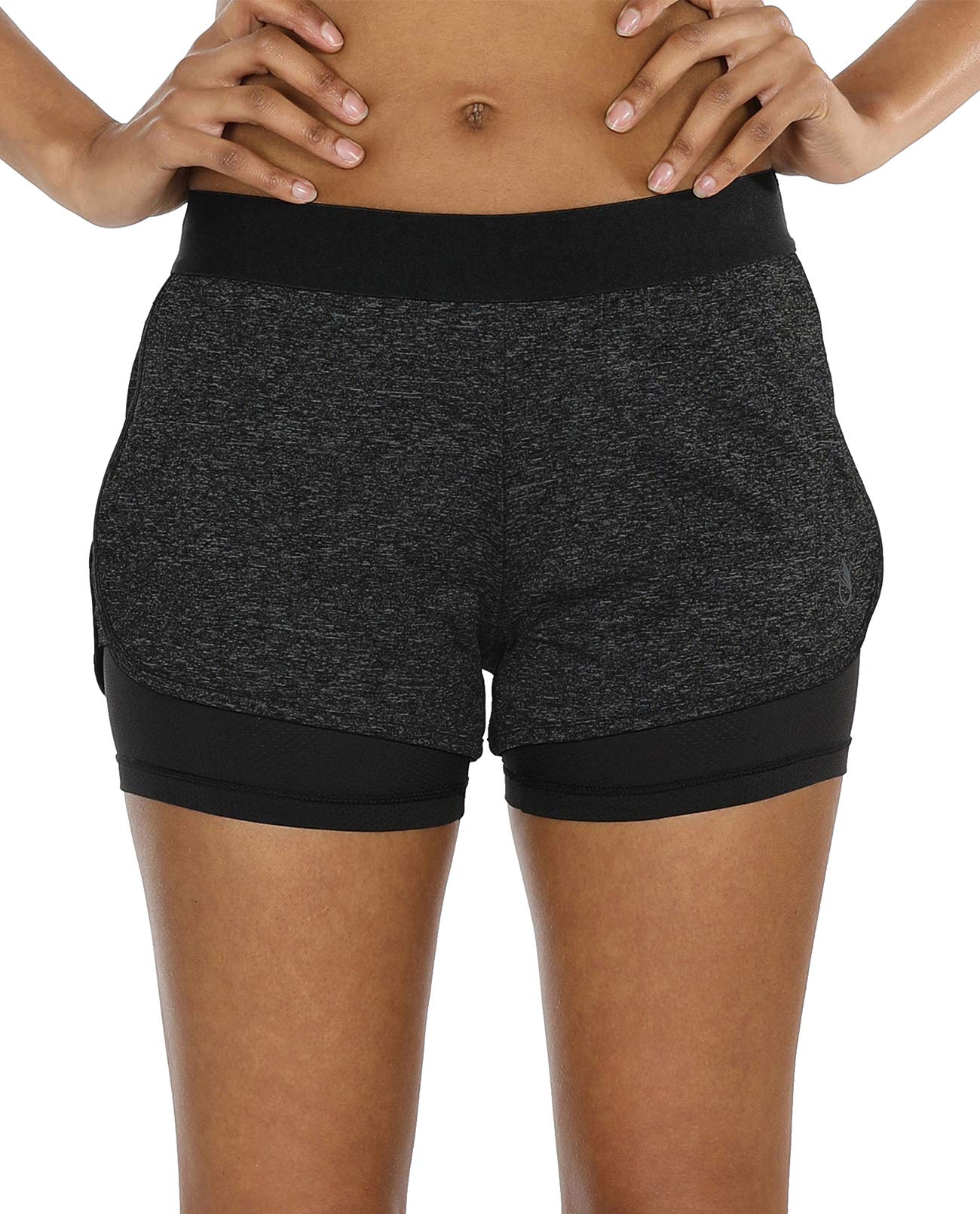 icyzone Running Yoga Shorts for Women - Activewear Workout Exercise Athletic Jogging Shorts 2-in-1 (Black Heather/Green Heather, L)