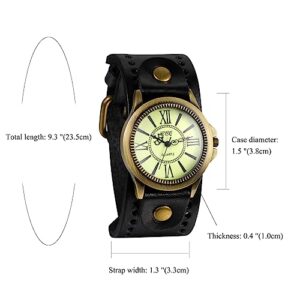 Avaner Unisex Punk Retro Bronze Round Dial Black Wide Leather Belt Strap Cuff Bracelet Roman Numerals Analog Quartz Wrist Watches