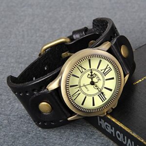 Avaner Unisex Punk Retro Bronze Round Dial Black Wide Leather Belt Strap Cuff Bracelet Roman Numerals Analog Quartz Wrist Watches