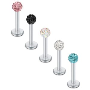 SCERRING 5PCS 16G 3mm Mix Color Czech Crystal Externally Threaded Labret Monroe Lip Ring Tragus Nail Helix Earring Stud Piercing Jewelry Bar Length 8mm