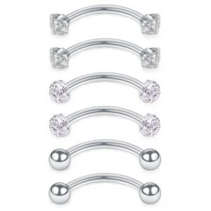 scerring 6pcs 16 gauge 10mm stainless steel 3mm cz gems shiny-ball curved barbell curved barbell eyebrow cartilage tragus belly lip ring studs - silver