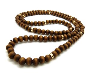 fashion 21 jet black, brown tone 8mm 36" wooden bead metal connect ball bead necklace (brown + gold color metal joint)