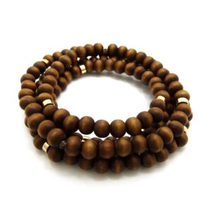 Fashion 21 Jet Black, Brown Tone 8mm 36" Wooden Bead Metal Connect Ball Bead Necklace (Brown + Gold Color Metal Joint)