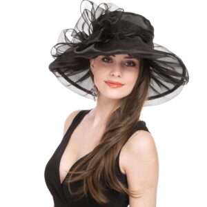 Lucky Leaf Women Church Cap Wide Brim Summer Sun Hat for Party Wedding(1-Black)