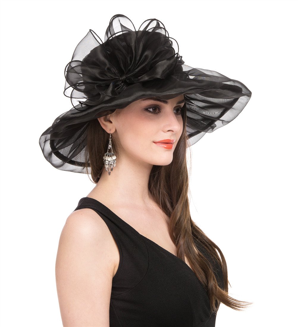 Lucky Leaf Women Church Cap Wide Brim Summer Sun Hat for Party Wedding(1-Black)