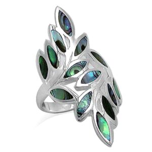 silvershake abalone paua shell inlay white gold plated 925 sterling silver bypass leaf ring size 8