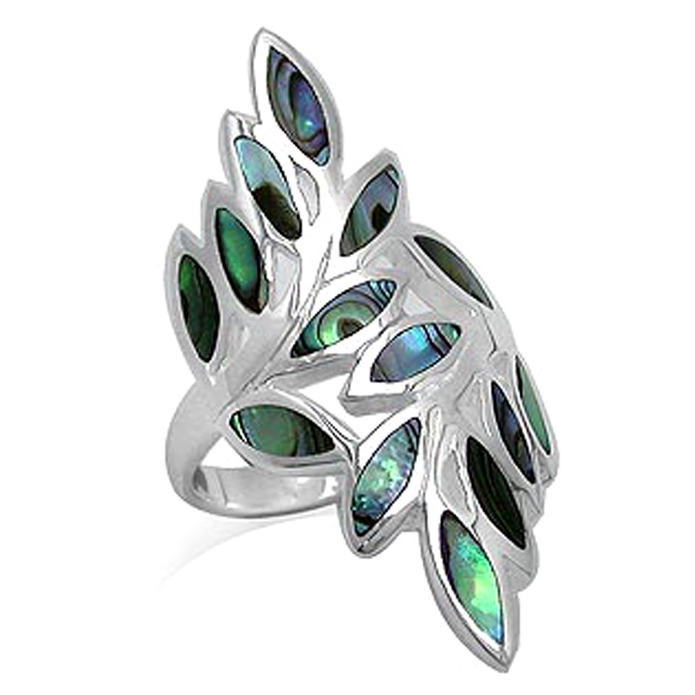 Silvershake Abalone Paua Shell Inlay White Gold Plated 925 Sterling Silver Bypass Leaf Ring Size 8