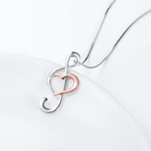 DAOCHONG 925 Sterling Silver Musical Note Treble Clef Rose Gold Plated Heart Pendant Necklace Jewelry for Women Graduation Christmas, Box Chain 18" (Rose Gold Plated)