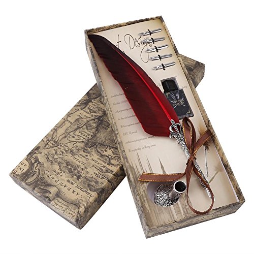 Quill Pen Set Vintage Ink Set Antique Calligraphy Writing Antique Executive Gift Quill Pen for School+5 Replacement Nibs+Ink Bottle+ Pen Nib Base(Red)