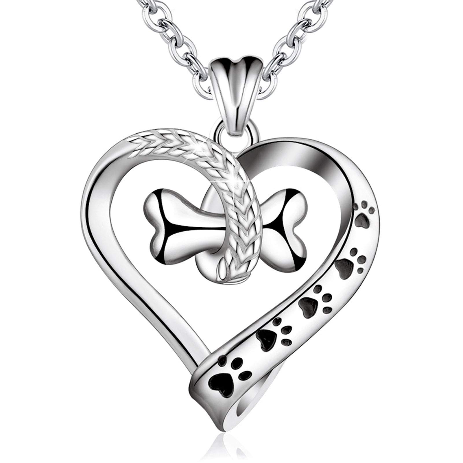 EUDORA 925 Sterling Silver Necklace Cute Dog Paws with Bone, Heart Shape Pendant 18", Gift for Dog Owner