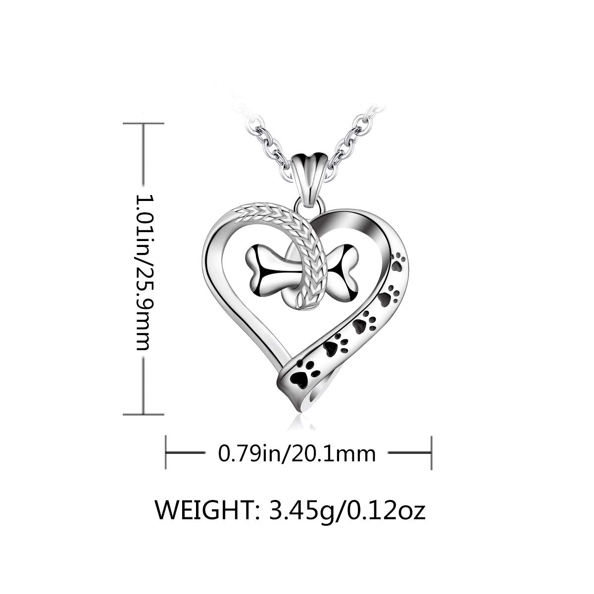 EUDORA 925 Sterling Silver Necklace Cute Dog Paws with Bone, Heart Shape Pendant 18", Gift for Dog Owner