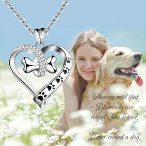 EUDORA 925 Sterling Silver Necklace Cute Dog Paws with Bone, Heart Shape Pendant 18", Gift for Dog Owner