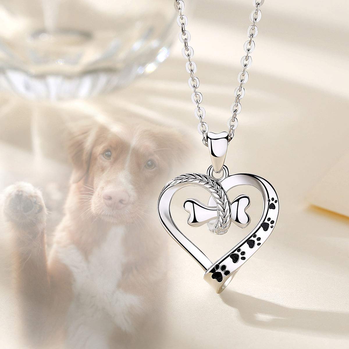 EUDORA 925 Sterling Silver Necklace Cute Dog Paws with Bone, Heart Shape Pendant 18", Gift for Dog Owner