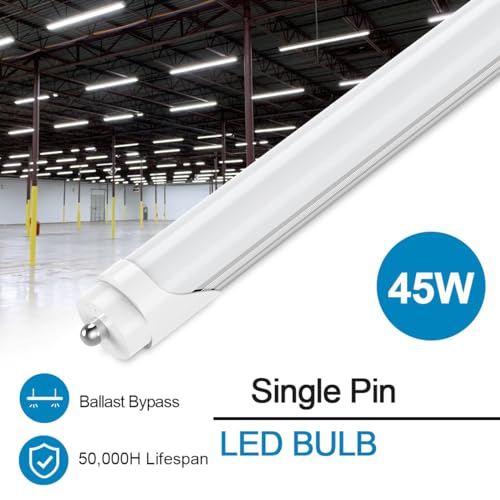 CNSUNWAY 8FT LED Bulbs, 45W 5400LM 6000K Super Bright, FA8 Single Pin LED Light Tube, Frosted Cover, Ballast Bypass, F96T12 Fluorescent Light Bulbs Replacement, ETL Listed (25-Pack)