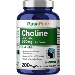 NusaPure Choline Bitartrate 650 mg 200 Veggie Capsules (Vegetarian, Non-GMO, Vegan)