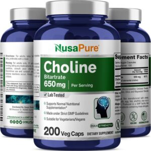 NusaPure Choline Bitartrate 650 mg 200 Veggie Capsules (Vegetarian, Non-GMO, Vegan)