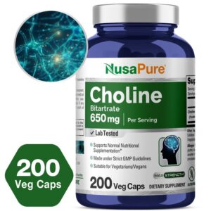 NusaPure Choline Bitartrate 650 mg 200 Veggie Capsules (Vegetarian, Non-GMO, Vegan)