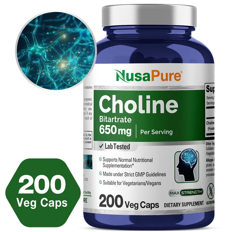 NusaPure Choline Bitartrate 650 mg 200 Veggie Capsules (Vegetarian, Non-GMO, Vegan)