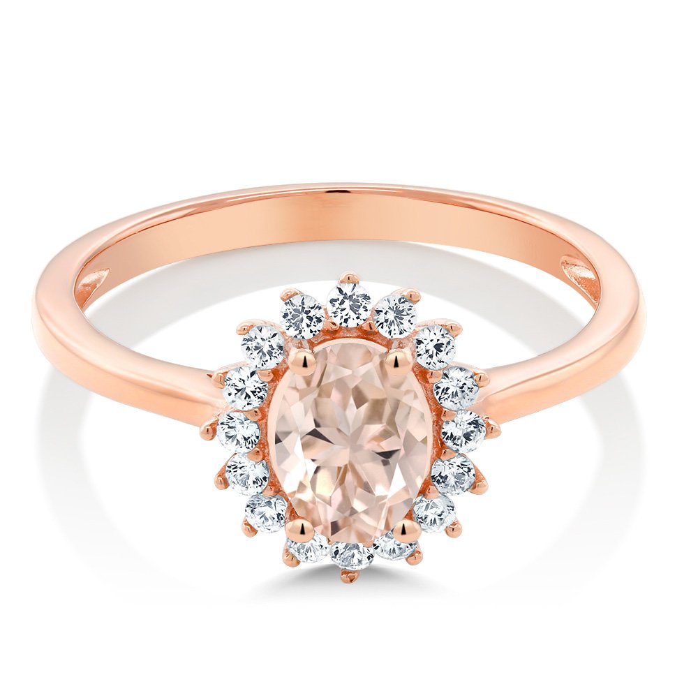 Gem Stone King 10K Rose Gold Peach Morganite and White Created Sapphire Engagement Ring For Women (0.89 Cttw, Oval 7X5MM, Available in size 5, 6, 7, 8, 9)