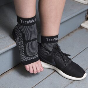 TechWare Pro Ankle Brace Compression Sleeve - Relieves Achilles Tendonitis, Joint Pain. Plantar Fasciitis Foot Sock with Arch Support Reduces Swelling & Heel Spur Pain. (Black/Gray XXL)