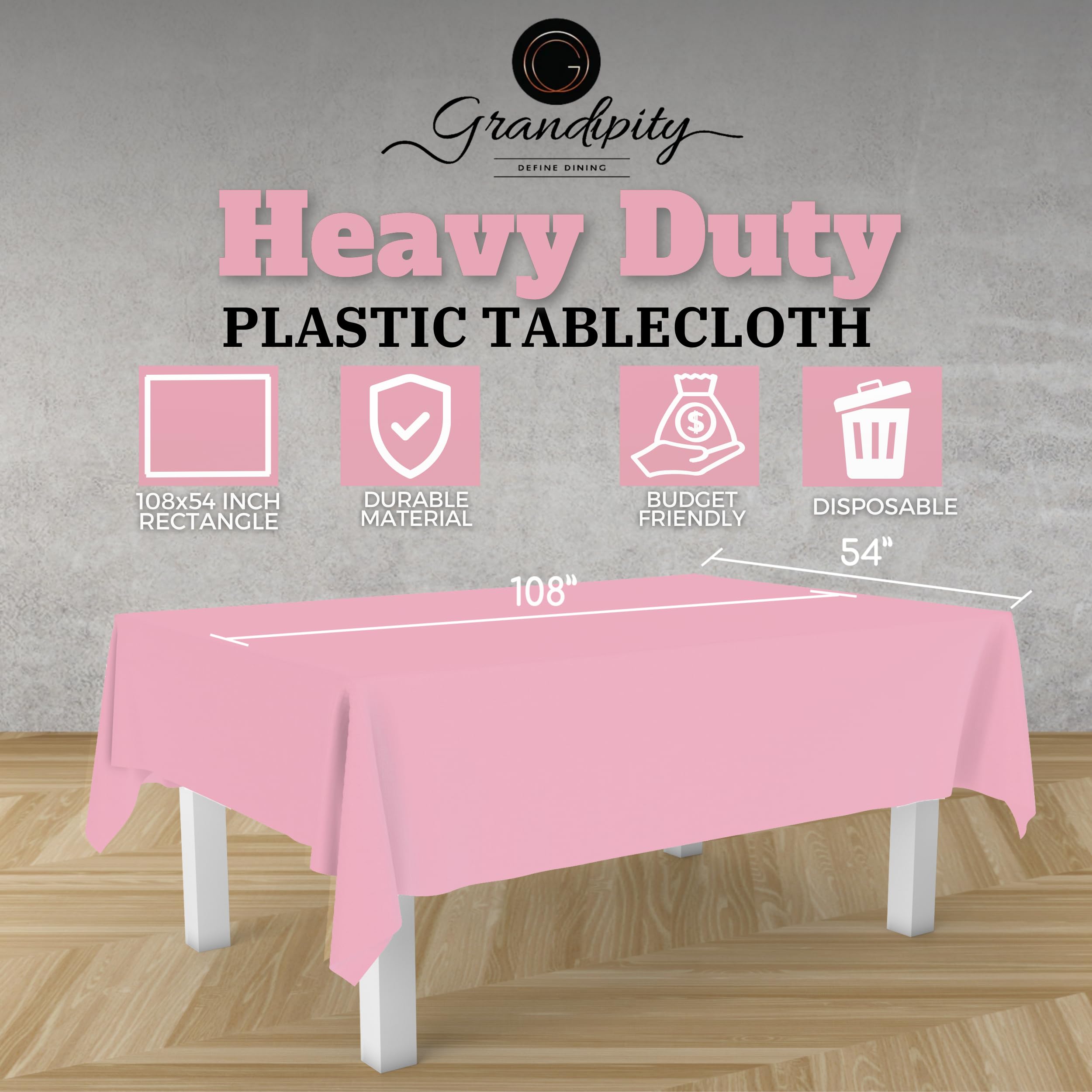 Grandipity Pink Plastic Table Cloth Disposable (6 Pk) 54in x 108in Plastic Tablecloths for Rectangle Tables - Premium Party Table Cloths Disposable for 6ft to 8ft Rectangle Tables