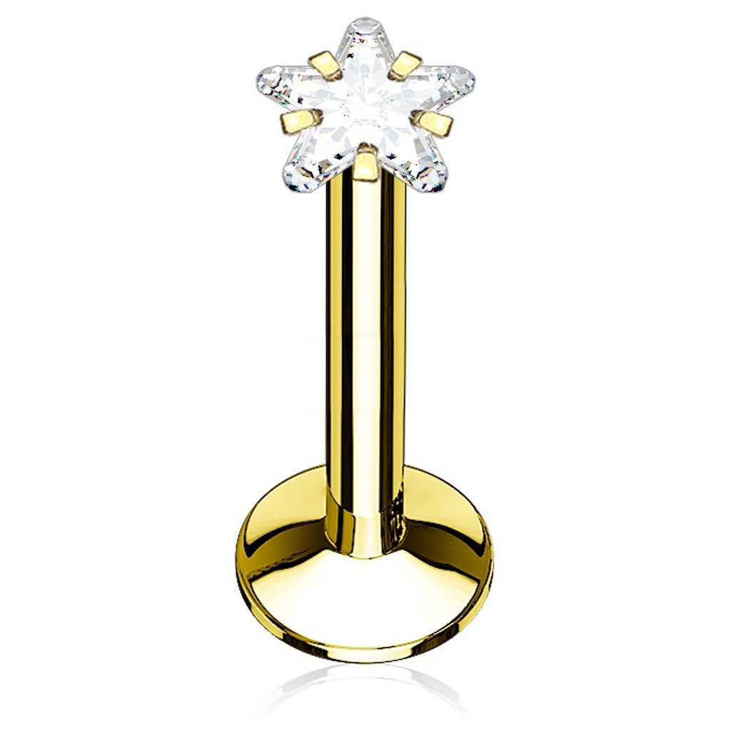 FIFTH CUE Star CZ Prong Set PVD Over All 316L Internally Threaded Labret Monroe Cartilage Stud Ring Surgical Steel Gold 1/4" (6mm)