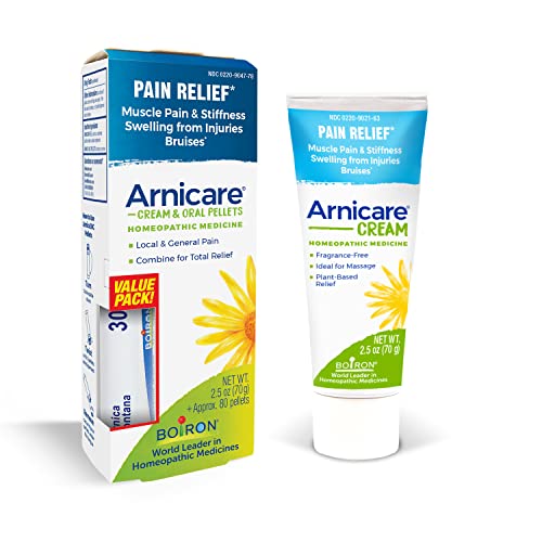 Boiron Arnicare Cream and Arnica 30c Value Pack for Pain Relief, Muscle Soreness, and Swelling from Buising or Injury - 2.5 oz + 80 Pellet Tube