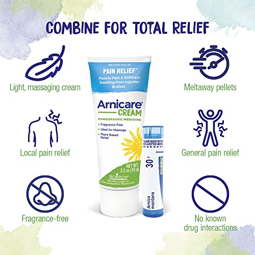 Boiron Arnicare Cream and Arnica 30c Value Pack for Pain Relief, Muscle Soreness, and Swelling from Buising or Injury - 2.5 oz + 80 Pellet Tube