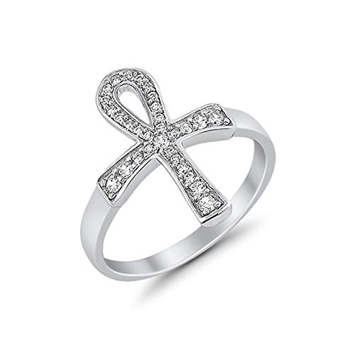 Blue Apple Co. Cross Ankh Ring Simulated Round Simulated Cubic Zirconia 925 Sterling Silver, Size - 10