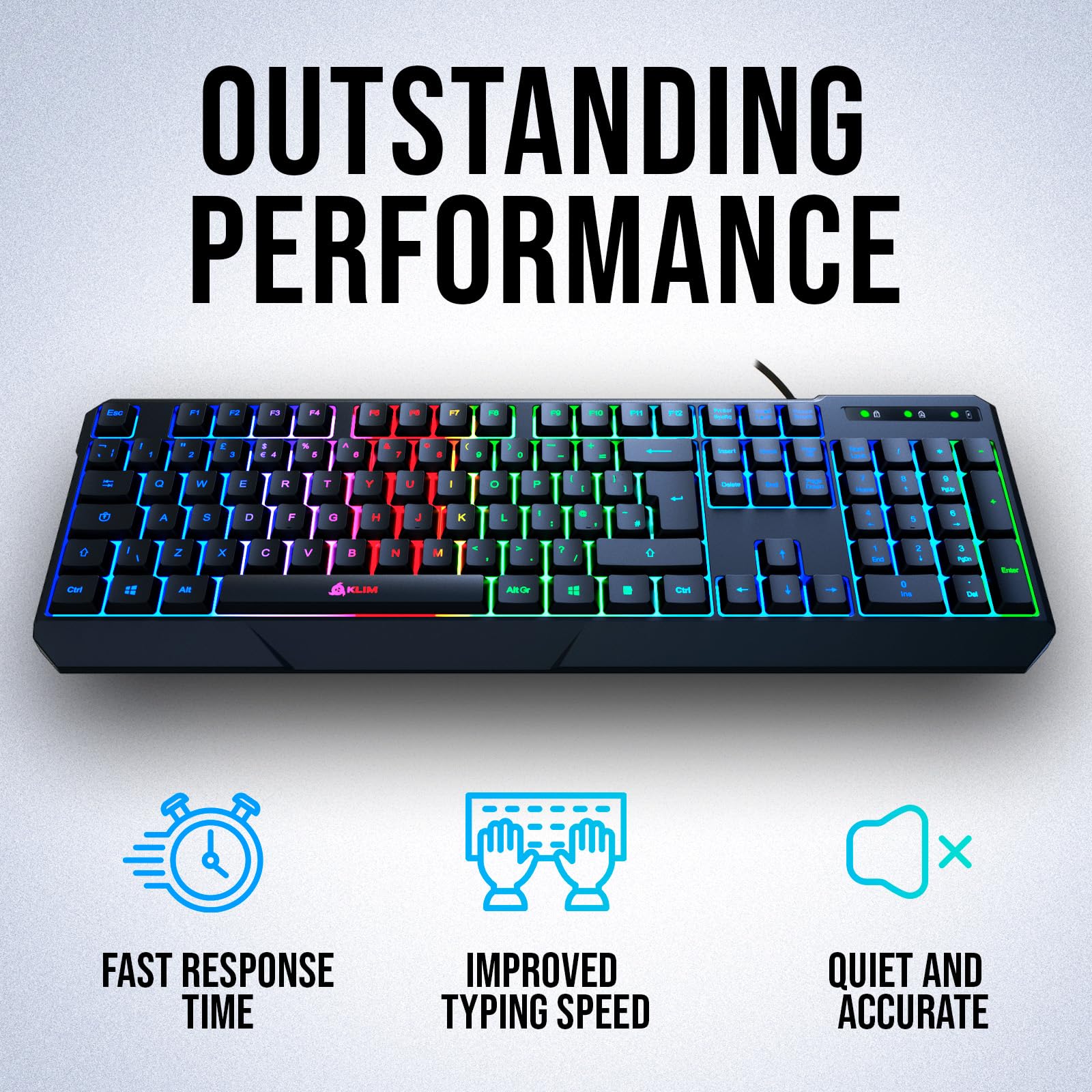 KLIM Chroma Gaming Keyboard Wired USB - New 2024 - Durable Ergonomic Waterproof Silent Backlit - Ideal for Gaming and Office - Teclado Gamer - 2 ms Response Time - PC Laptop Mac PS4 PS5 - Black