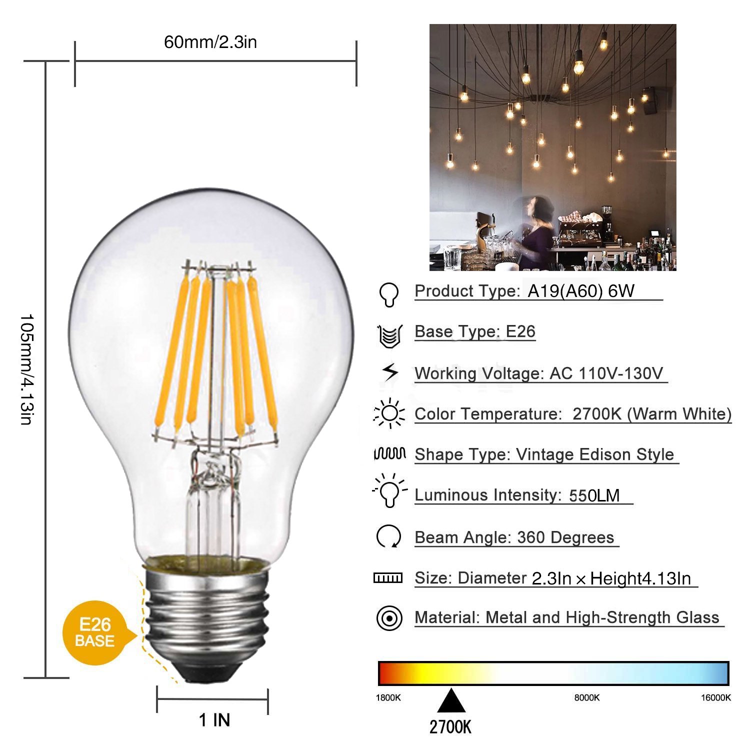 YFXRLIGHT Vintage Edison LED Bulb, Dimmable 6W A19 Antique LED Bulb, 60 Watt Equivalent for Ceiling Fan and Pendant Lighting, E26 Clear Glass Cover, Soft Warm White 2700k, 550LM, Pack of 6