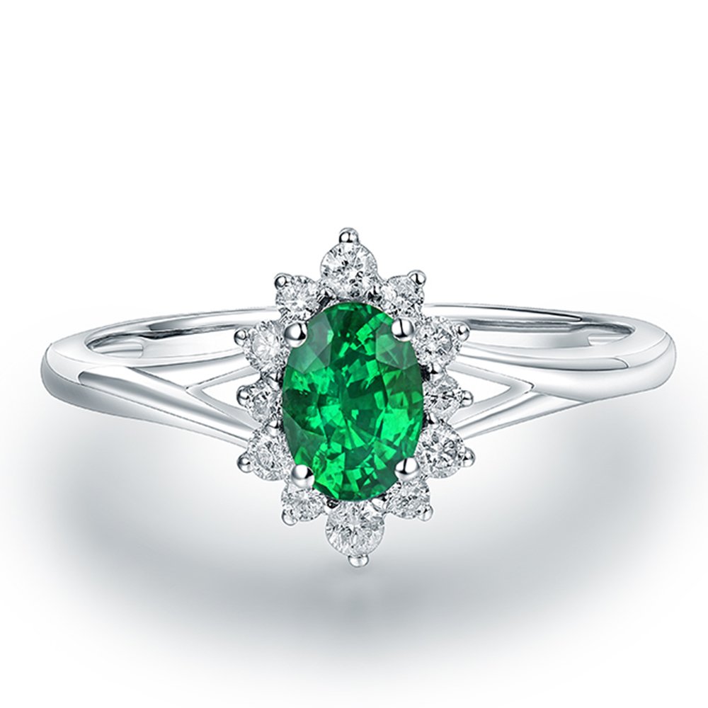 Lanmi 14K White Gold Natural Green Emerald Rings Diamond Engagement Wedding for Women Promotion