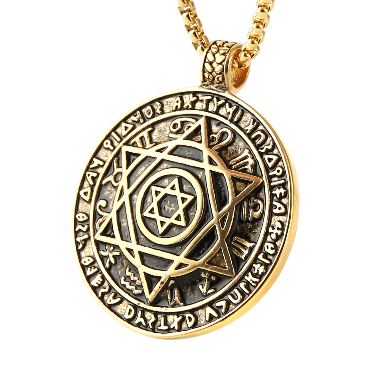 HZMAN Talisman Seal Solomon Six-pointed Star 12 Constellation Pendant stainless steel Necklaces 24" Chain (Gold)